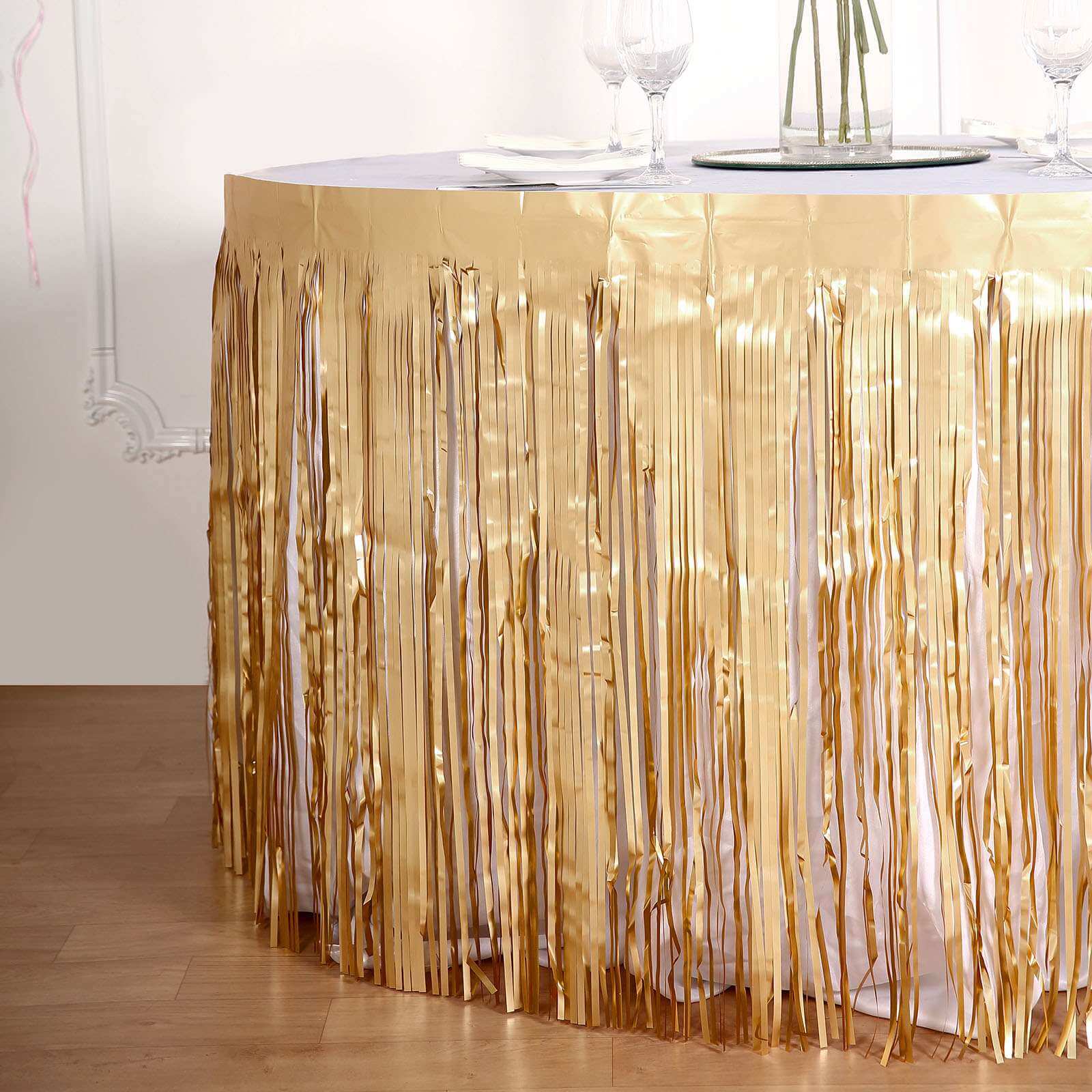 Metallic Foil Fringe Table Skirt Matte Gold with Self Adhesive Backing - Durable Tinsel Skirt for Parties 30"x9ft