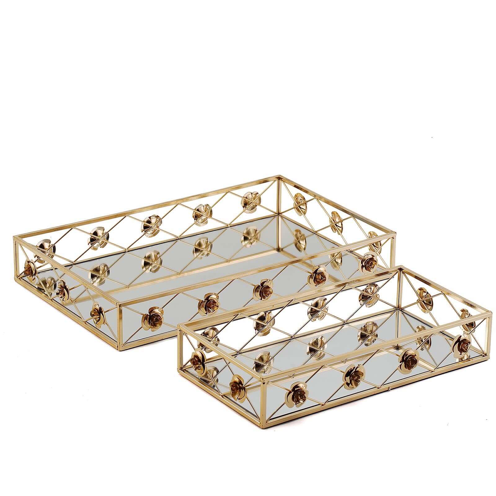 Set of 2 Metal Mirrored Rectangle Serving Trays in Gold with Rose Borders, Glamorous Decorative Vanity Tray Centerpiece 15"x8", 19"x12"