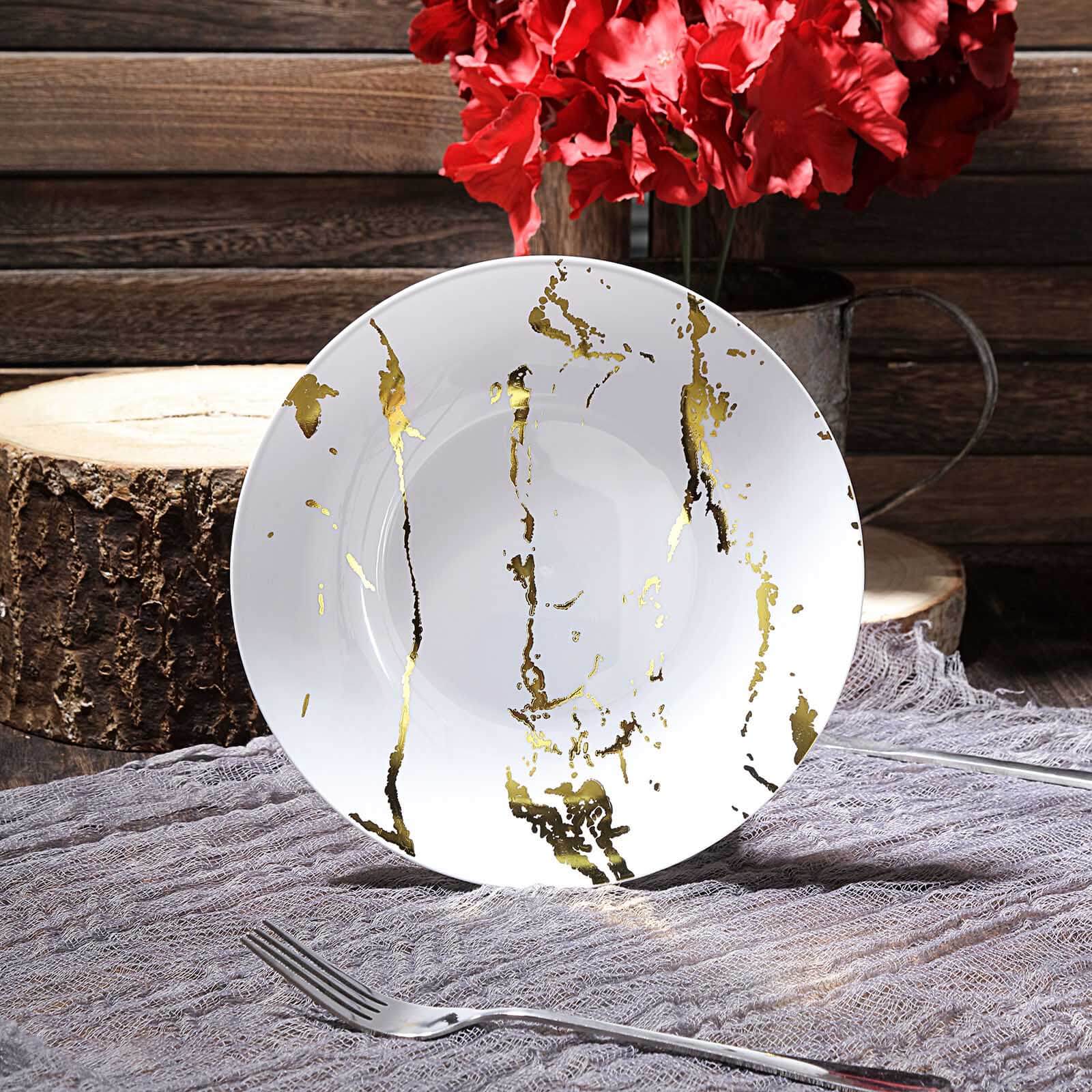 10-Pack Plastic 8" Round Dessert Plates in White with Gold Marble Print - Disposable Appetizer/Salad Plates for Chic Banquets & Special Occasions