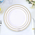 10-Pack Plastic Dessert Plates Ivory with TrÃ¨s Chic Gold Rim - Disposable Plates for Parties 8"