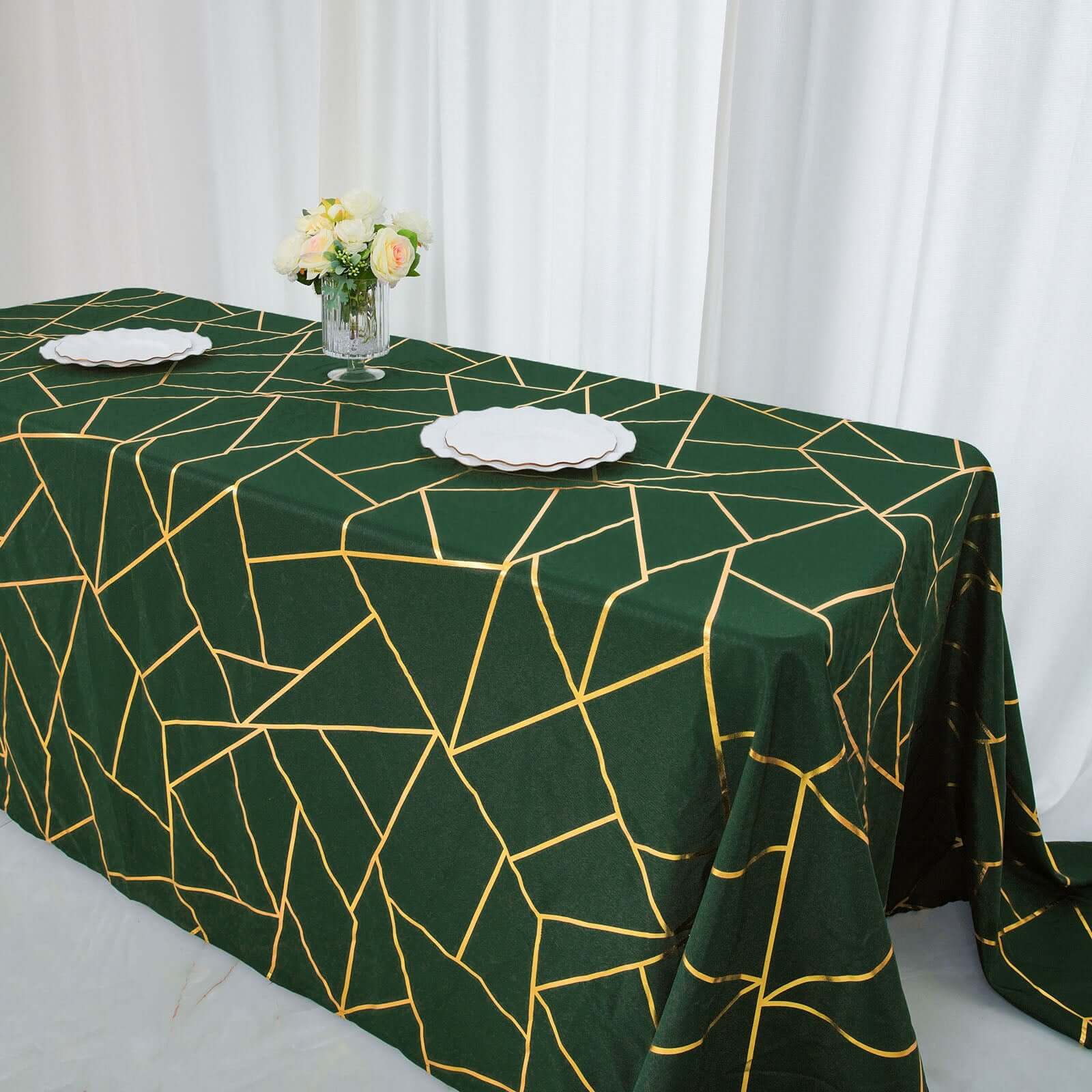 Polyester 90"x156" Rectangle Tablecloth Hunter Emerald Green Seamless with Gold Foil Geometric Pattern - Wrinkle-Resistant Seamless Table Cover for Sophisticated Events