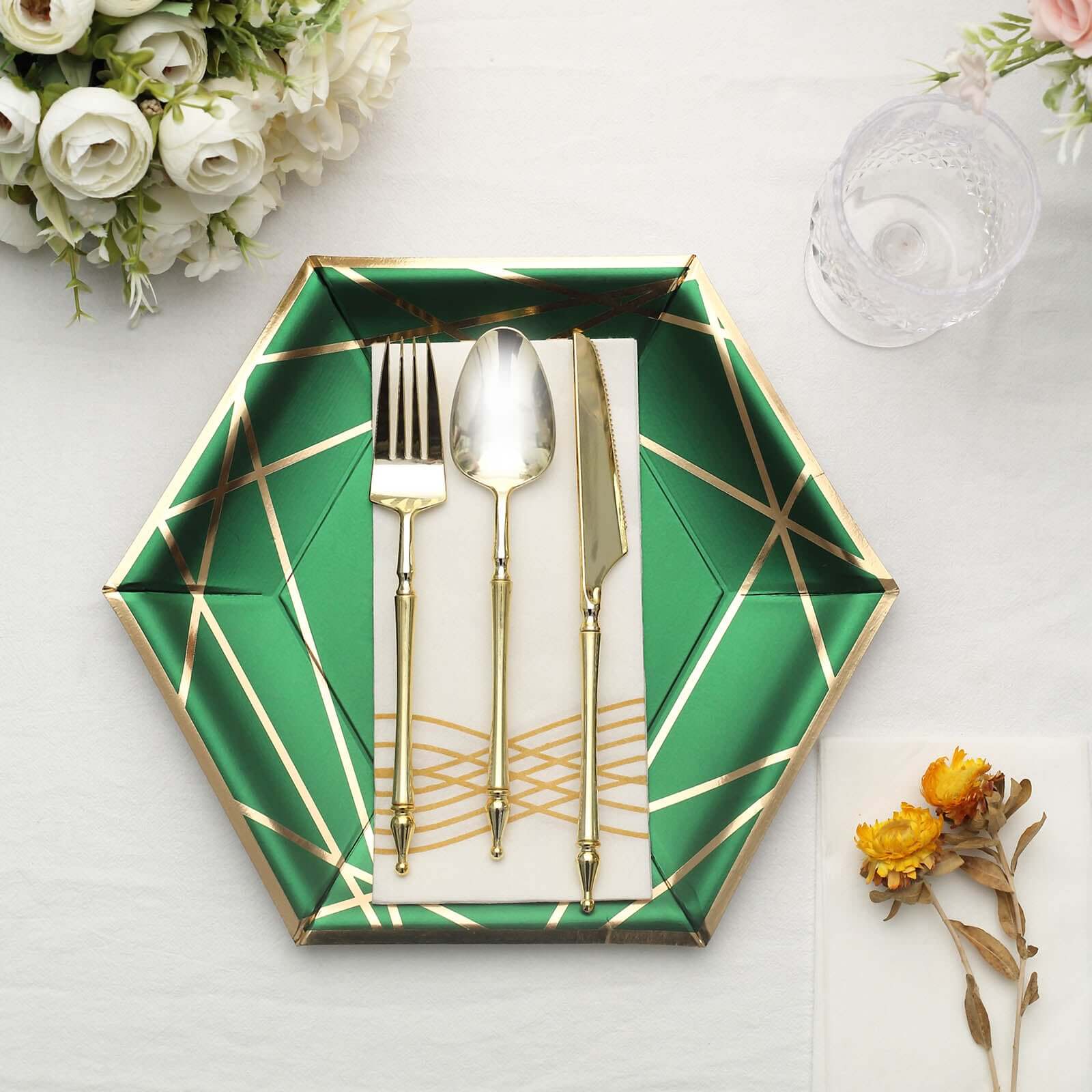 25-Pack Paper 9" Hexagon Dinner Plates in Hunter Emerald Green with Gold Geometric Lines & Rim - Stylish Disposable Geometric 300GSM Party Plates