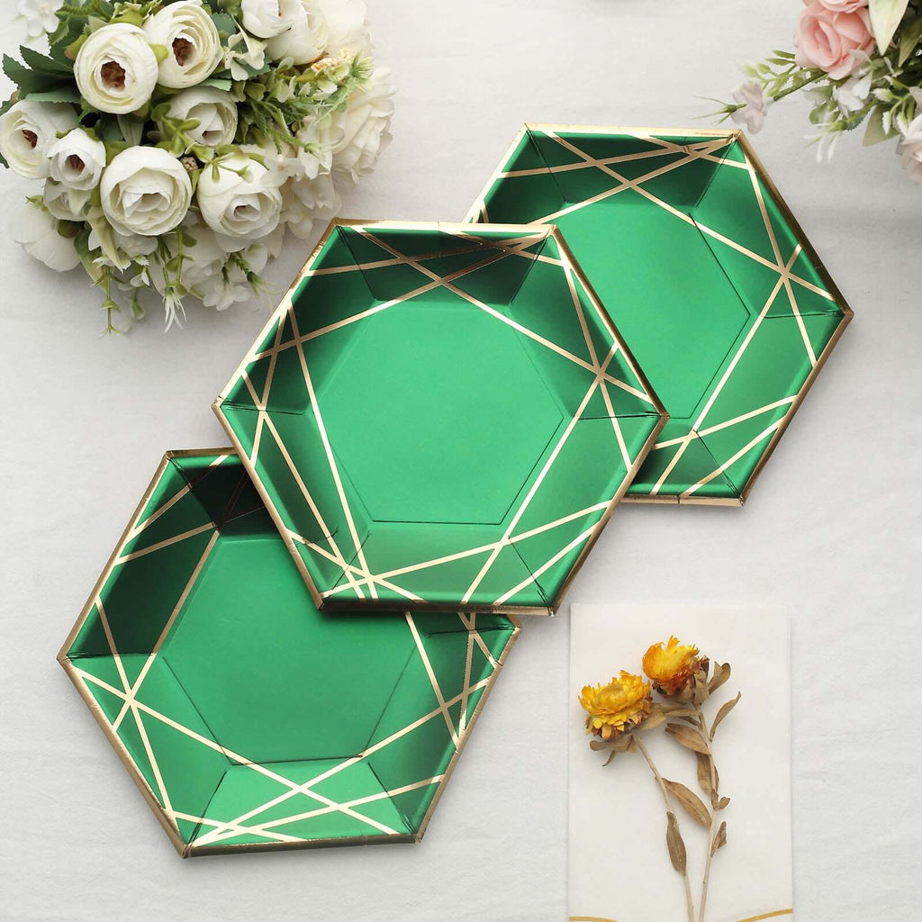 25-Pack Paper 7" Hexagon Dessert Plates in Hunter Emerald Green with Gold Geometric Lines & Rim - Stylish Disposable Geometric 300GSM Appetizer Salad Plates