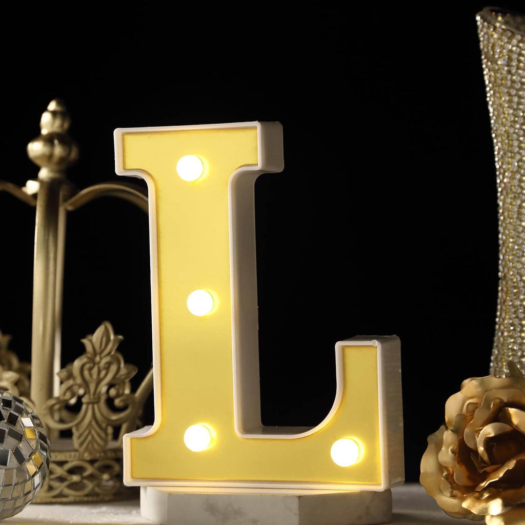 3D Marquee Letter "L" Warm White 4 LED Lights Gold - Chic Light-Up Decor for Events 6"