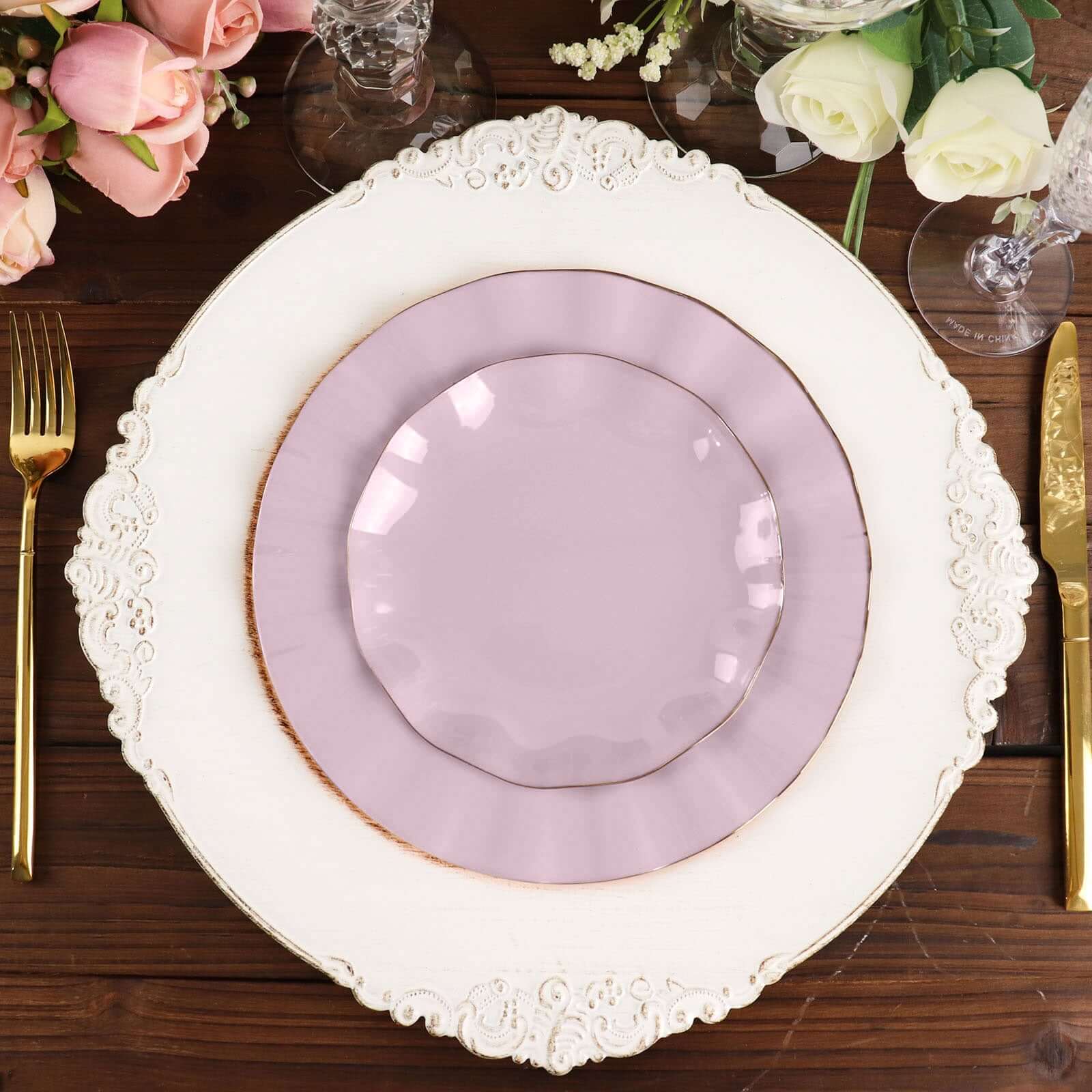 10-Pack Plastic Round 6" Dessert Plates in Lavender Lilac Ruffled Rim with Gold Edging - Sturdy Disposable Salad Appetizer Dinnerware