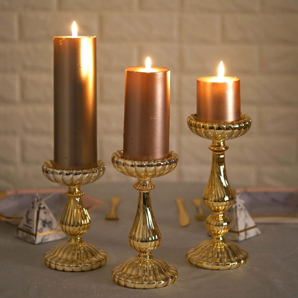 Set of 3 Candle Holder Stands Gold Mercury Glass Pillar Design - Stylish Votive Centerpieces for Tables & Decor 7", 8", 10"