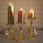 Set of 3 Candle Holder Stands Gold Mercury Glass Pillar Design - Stylish Votive Centerpieces for Tables & Decor 7", 8", 10"