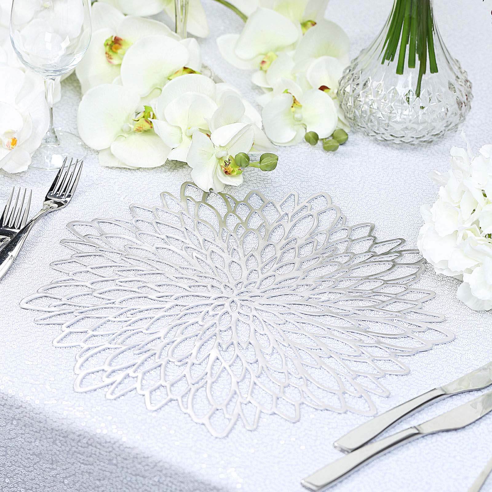 6-Pack Dining Table Mats Floral Design Silver - Metallic Vinyl Round Non-Slip Mats for Tables 15"