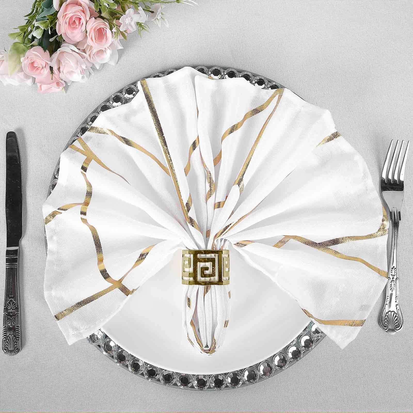 5 Pack Polyester 20"x20" Napkins White with Gold Geometric Foil Pattern - Modern Reusable Dinner Napkins for Home & Events