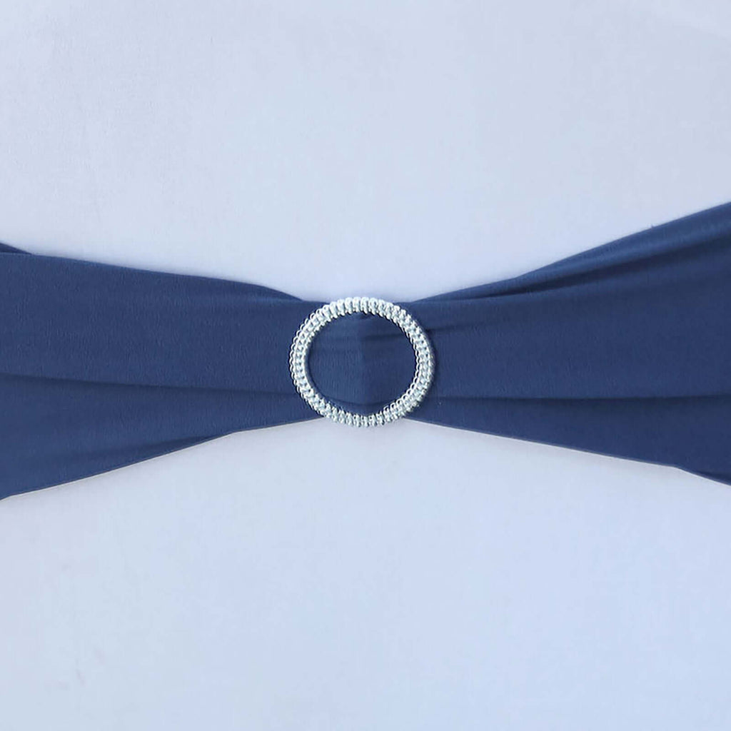 5 Pack Stretch Spandex Chair Sashes Navy Blue - Reusable Chair Bands with Silver Diamond Ring Slide Buckle 5"x14"