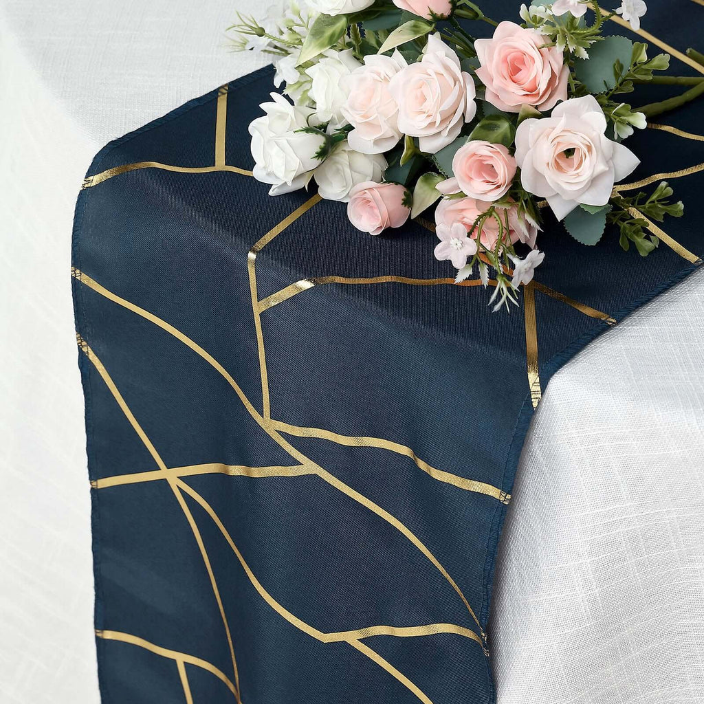 Polyester 9ft Table Runner Navy Blue with Gold Foil Modern Geometric Accent