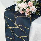 Polyester 9ft Table Runner Navy Blue with Gold Foil Modern Geometric Accent
