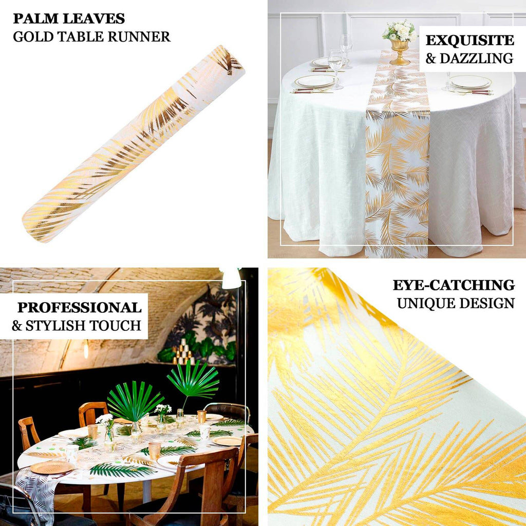 Disposable Table Runner Roll 108" Metallic Gold Foil Palm Leaves Print - Chic Non-Woven Tropical Table Decor for Events