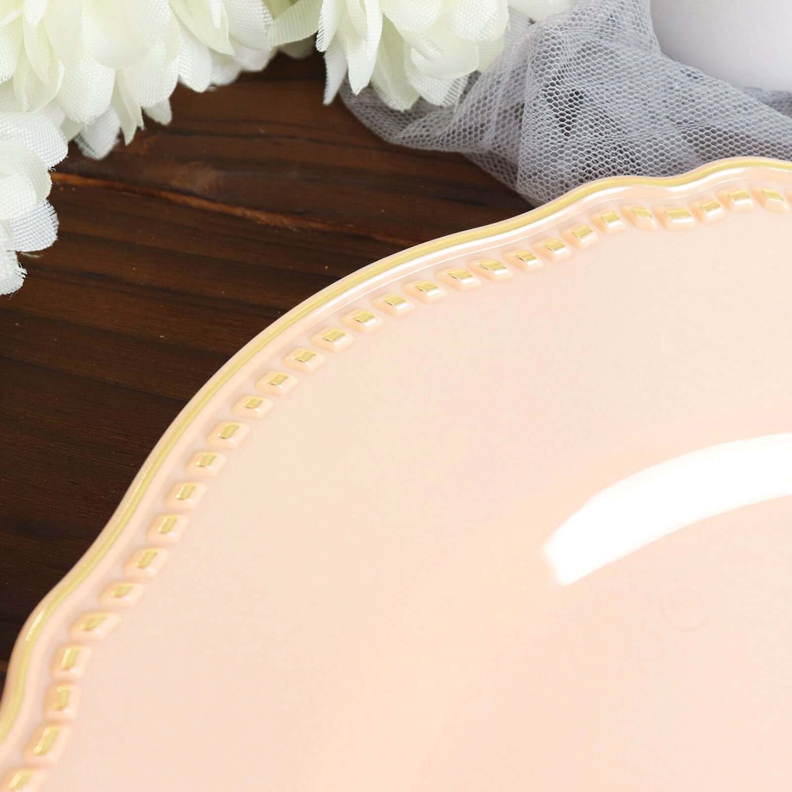 10-Pack Plastic Dinner Plates in Nude with Gold Scalloped Rim - Disposable Party Plates 9"