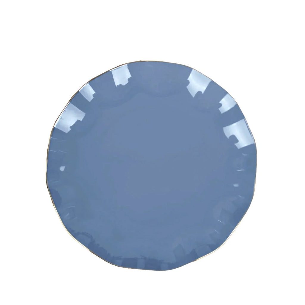 10-Pack Plastic Round 6" Dessert Plates in Ocean Blue Ruffled Rim with Gold Edging - Sturdy Disposable Salad Appetizer Dinnerware