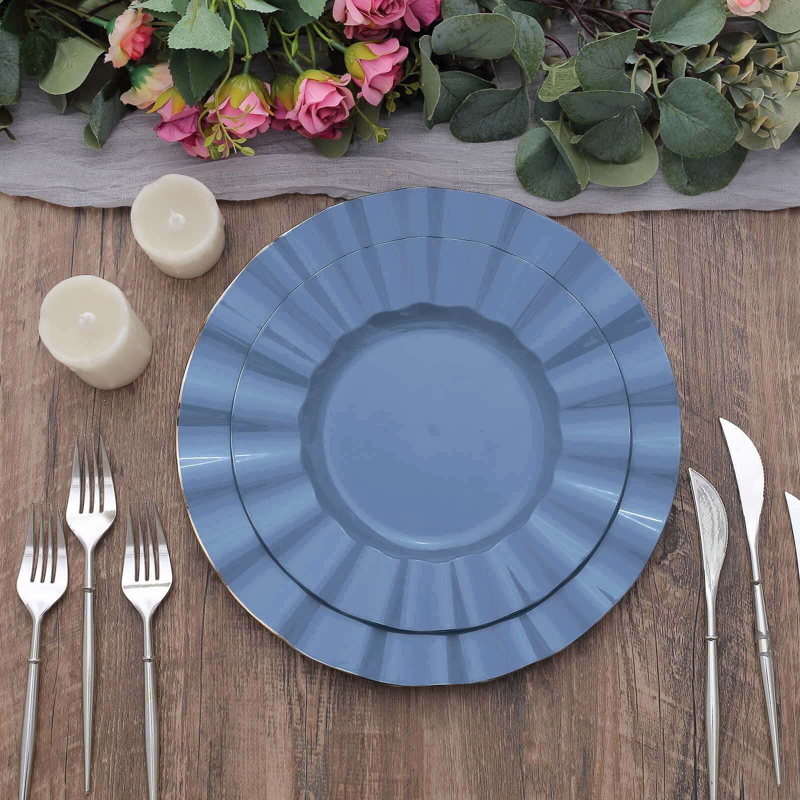 10-Pack Plastic 11" Round Dinner Plates in Ocean Blue Ruffled Rim with Gold Edging - Sturdy Disposable Dinnerware