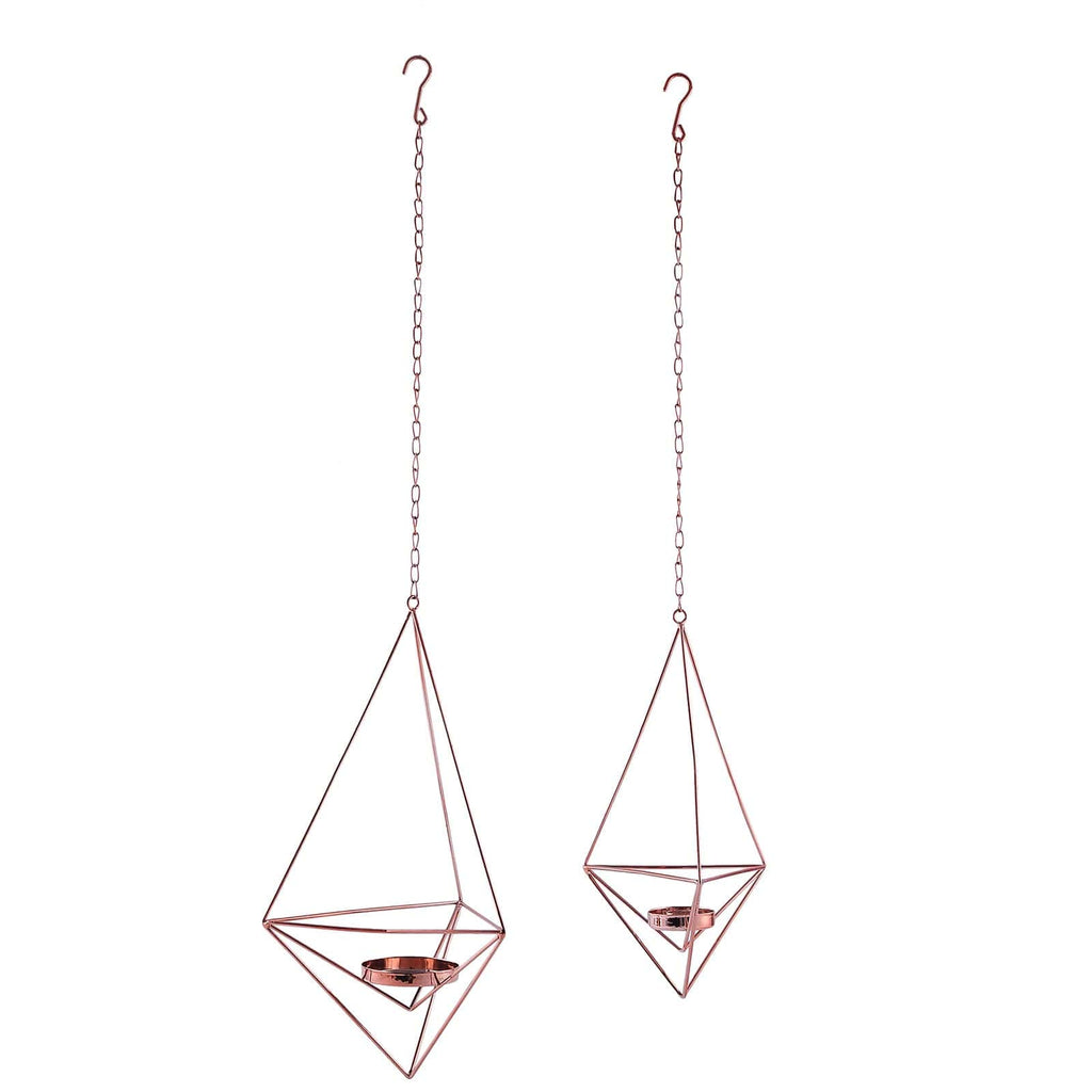Set of 2 Hanging Tealight Candle Holders Rose Gold Metal Diamond Geometric Open Frame - Flower Terrariums 12", 15"