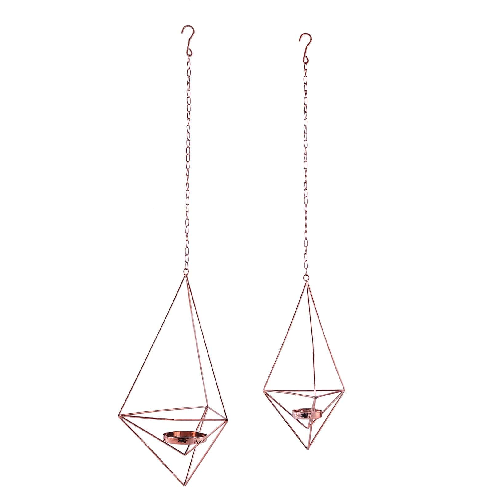 Set of 2 Hanging Tealight Candle Holders Rose Gold Metal Diamond Geometric Open Frame - Flower Terrariums 12", 15"