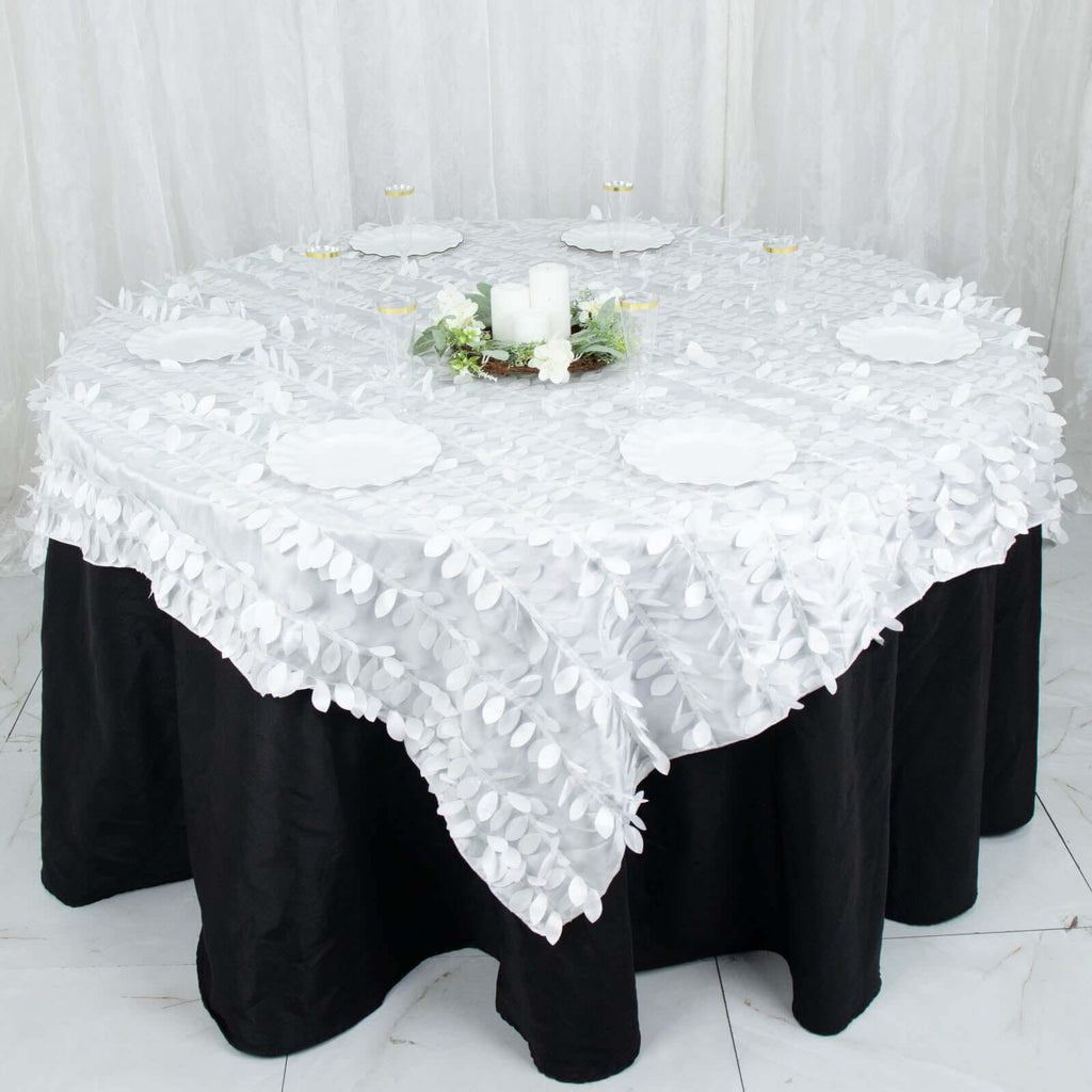 Taffeta 72"x72" Table Overlay Square Tablecloth White 3D Leaf Petal Design for Stylish Celebrations