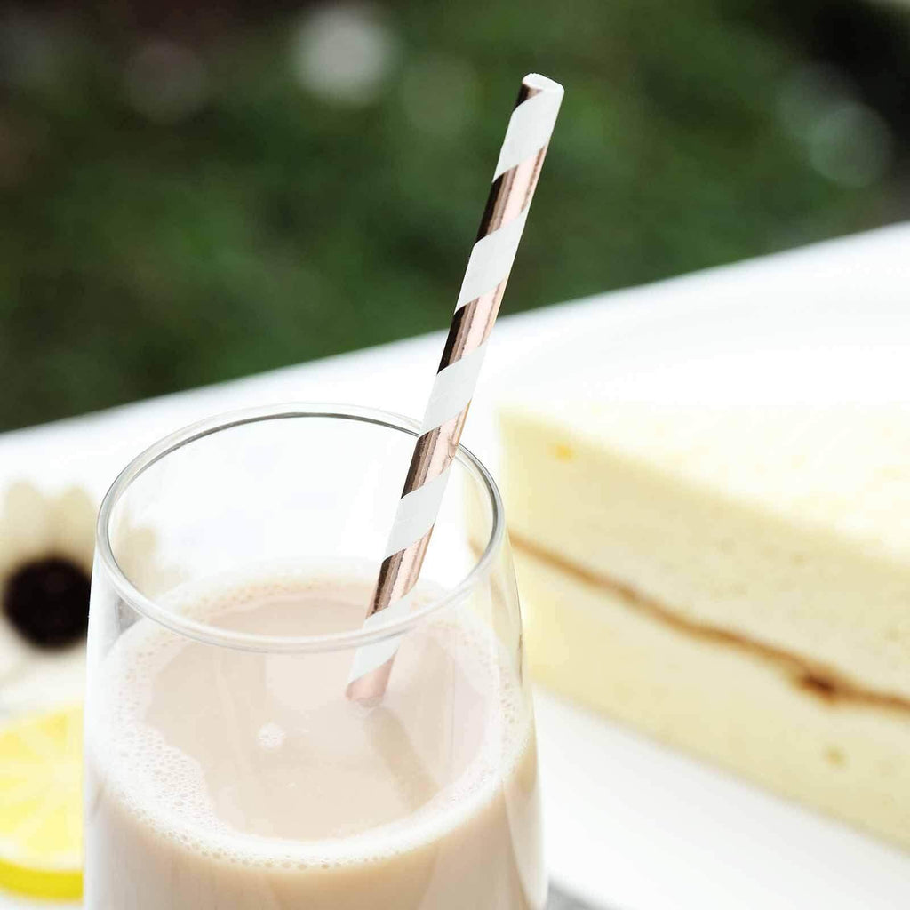 25-Pack Paper Straws White/Rose Gold Striped - Stylish Disposable Straws for Drinks 8"