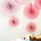 Set of 6 Pink Hanging Paper Fan Decorations, Pinwheel Wall Backdrop Party Kit - 8", 12", 16"