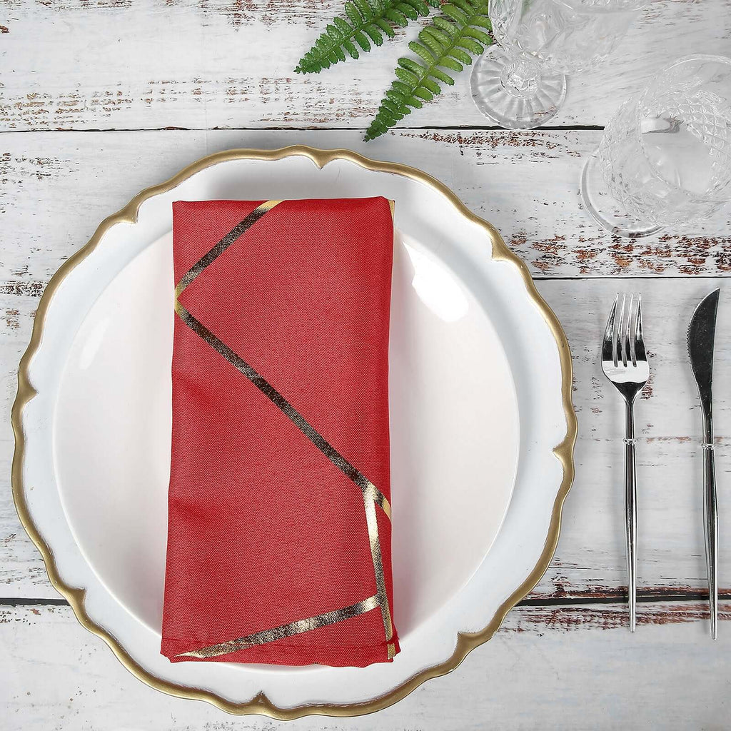 5 Pack Polyester 20"x20" Napkins Red with Gold Geometric Foil Pattern - Modern Reusable Dinner Napkins
