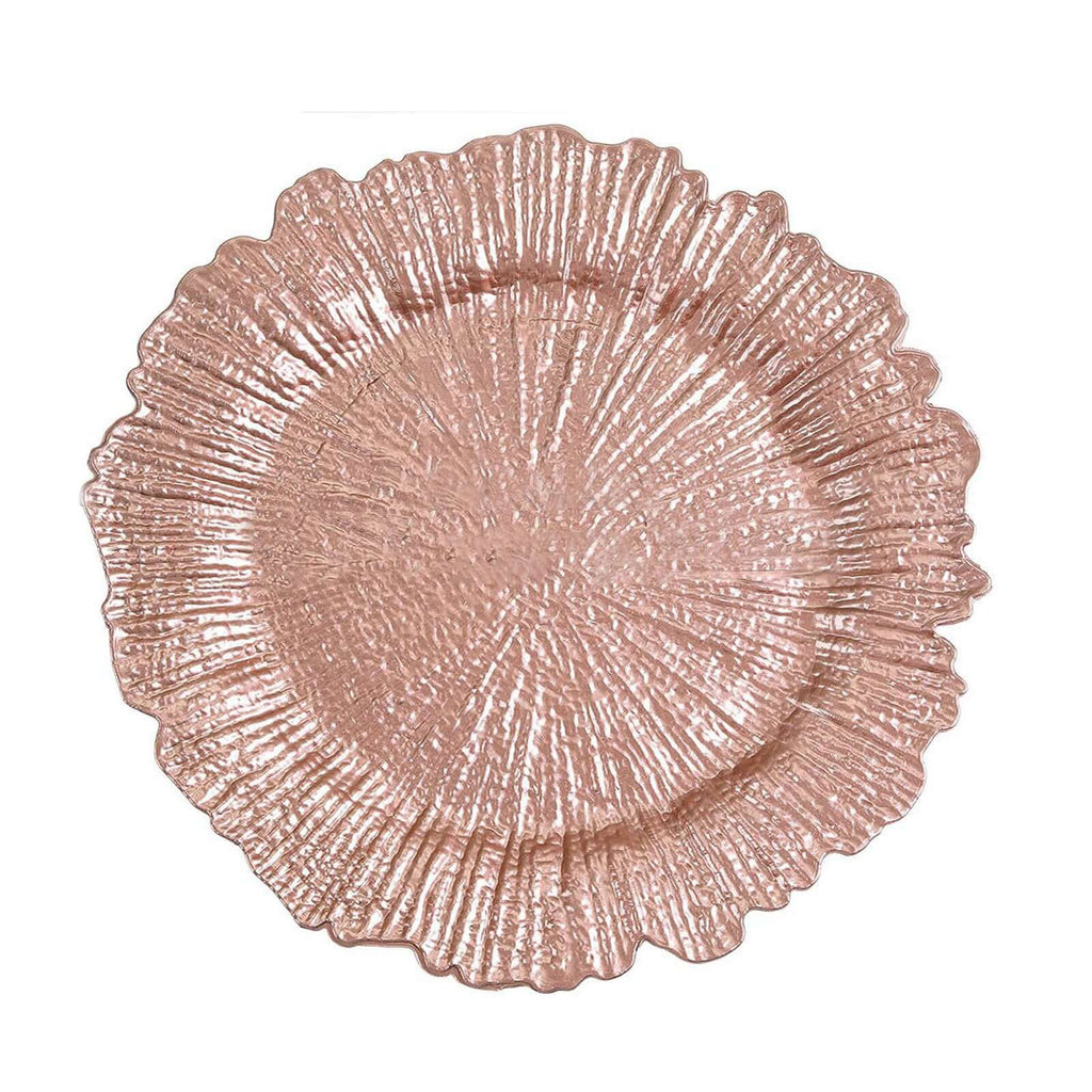 6-Pack Acrylic Plastic Round Charger Plates 13" in Rose Gold with Reef Design, Dinner Charger Tableware