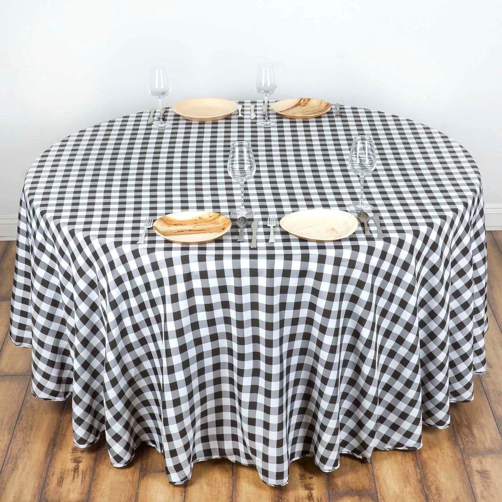Polyester 120" Round Tablecloth White/Black Seamless - Checkered Buffalo Plaid Design for Stylish Celebrations