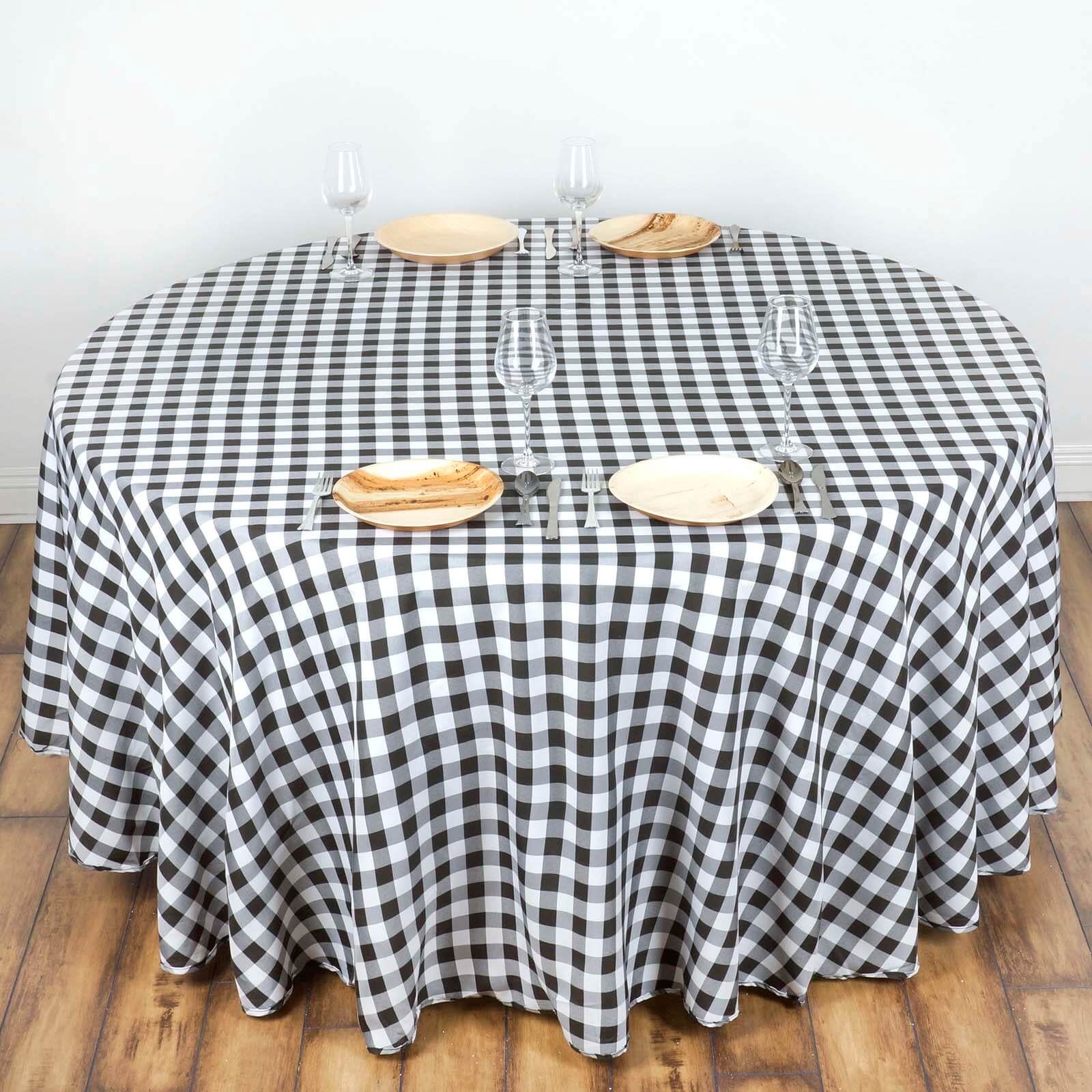 Polyester 120" Round Tablecloth White/Black Seamless - Checkered Buffalo Plaid Design for Stylish Celebrations