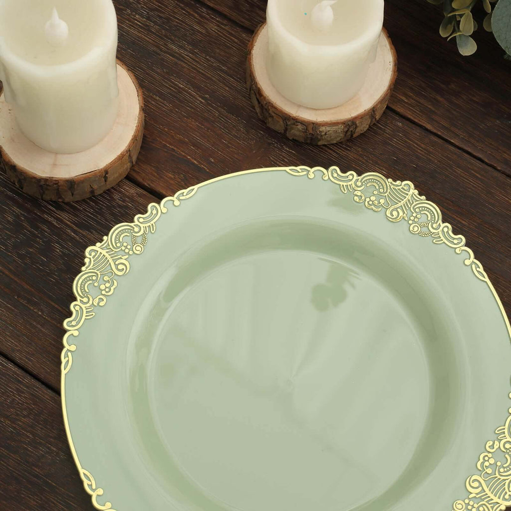10-Pack Plastic 8" Round Dessert Plates in Sage Green with Gold Leaf Embossed Rim - Disposable Vintage Baroque Style Salad Plates