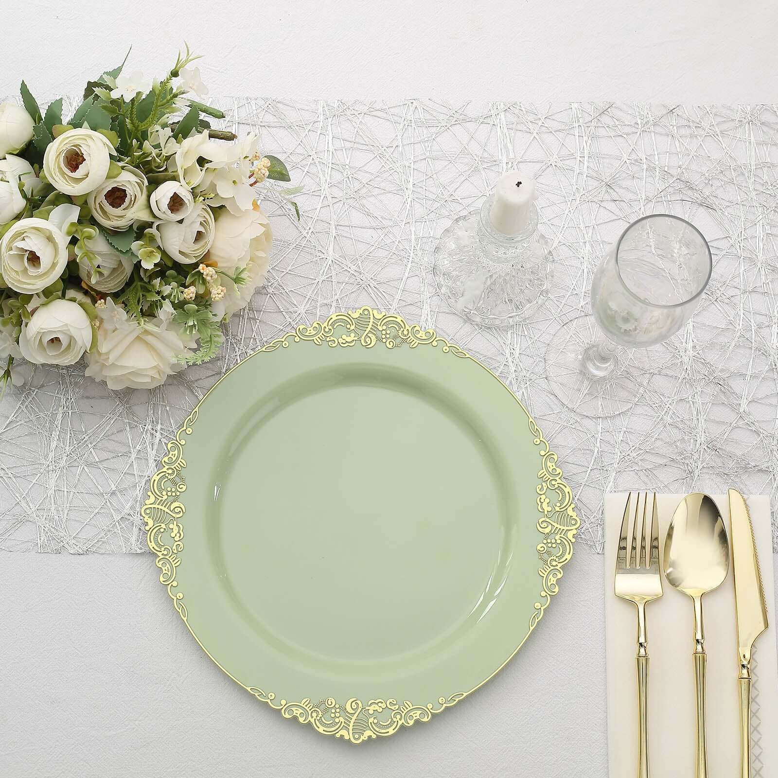 10-Pack Plastic 10" Round Dinner Plates in Sage Green with Gold Leaf Embossed Rim - Disposable Vintage Baroque Style Plates