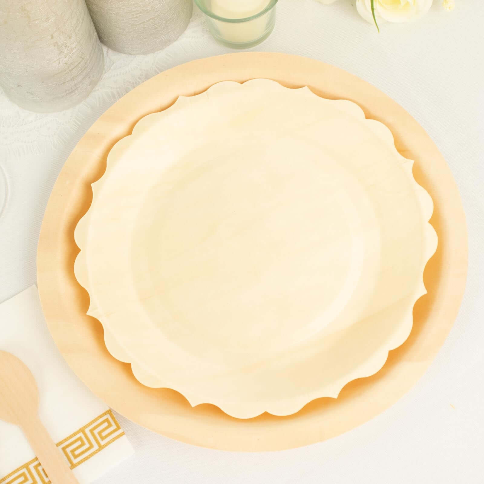 12-Pack Birchwood 9" Round Dinner Plates in Natural with Scalloped Rim - Eco Friendly Wooden Disposable Plates for Farmhouse-Style Events, Parties & Gatherings