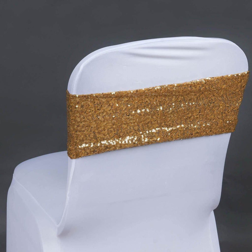 5 Pack Sequin Spandex Chair Sashes Gold - Sparkly Stretch Chair Bands for Glamorous Events 6"x15"