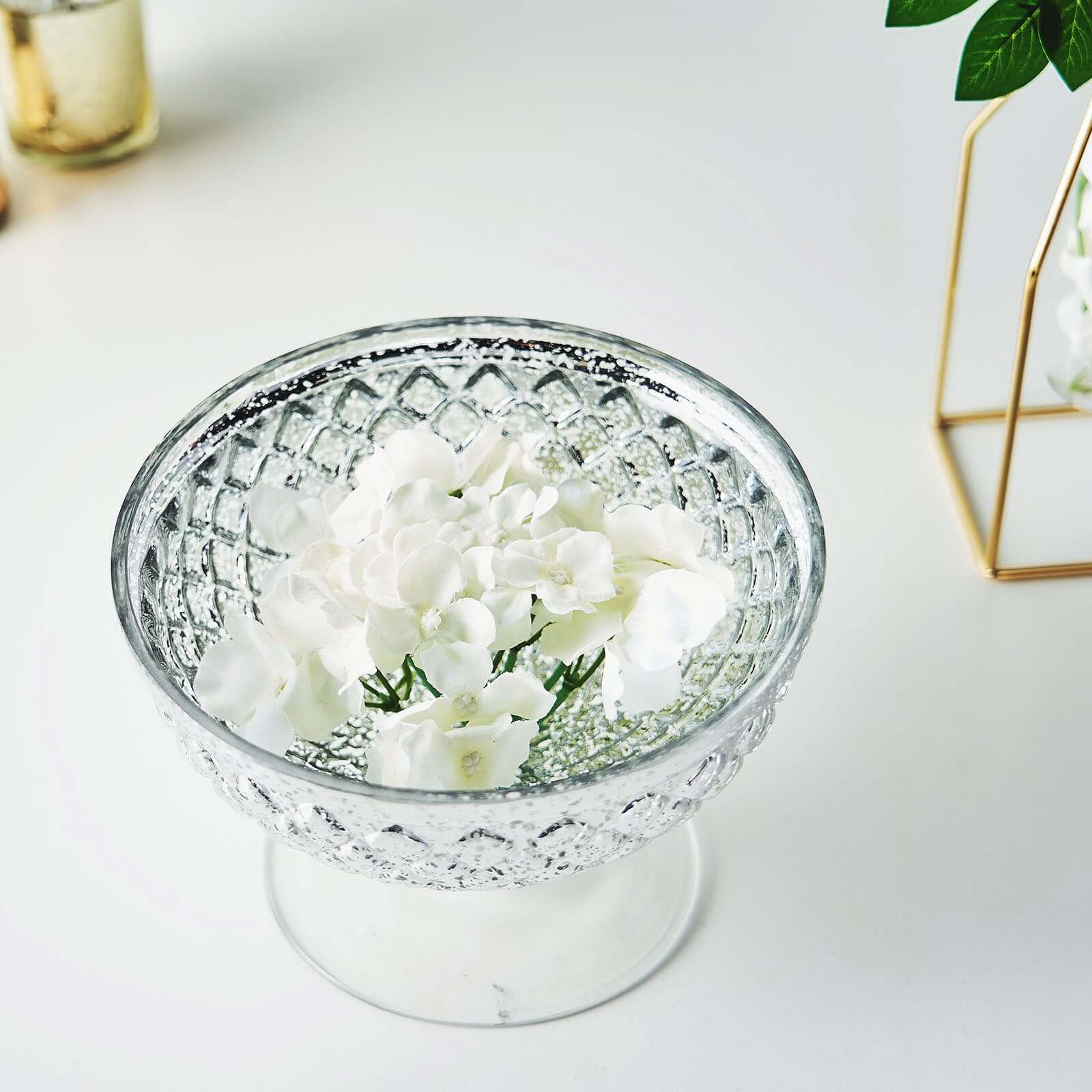 Mercury Glass Pedestal Bowl Vase Compote Style Silver - Sophisticated Floral Table Decor for Events 8"