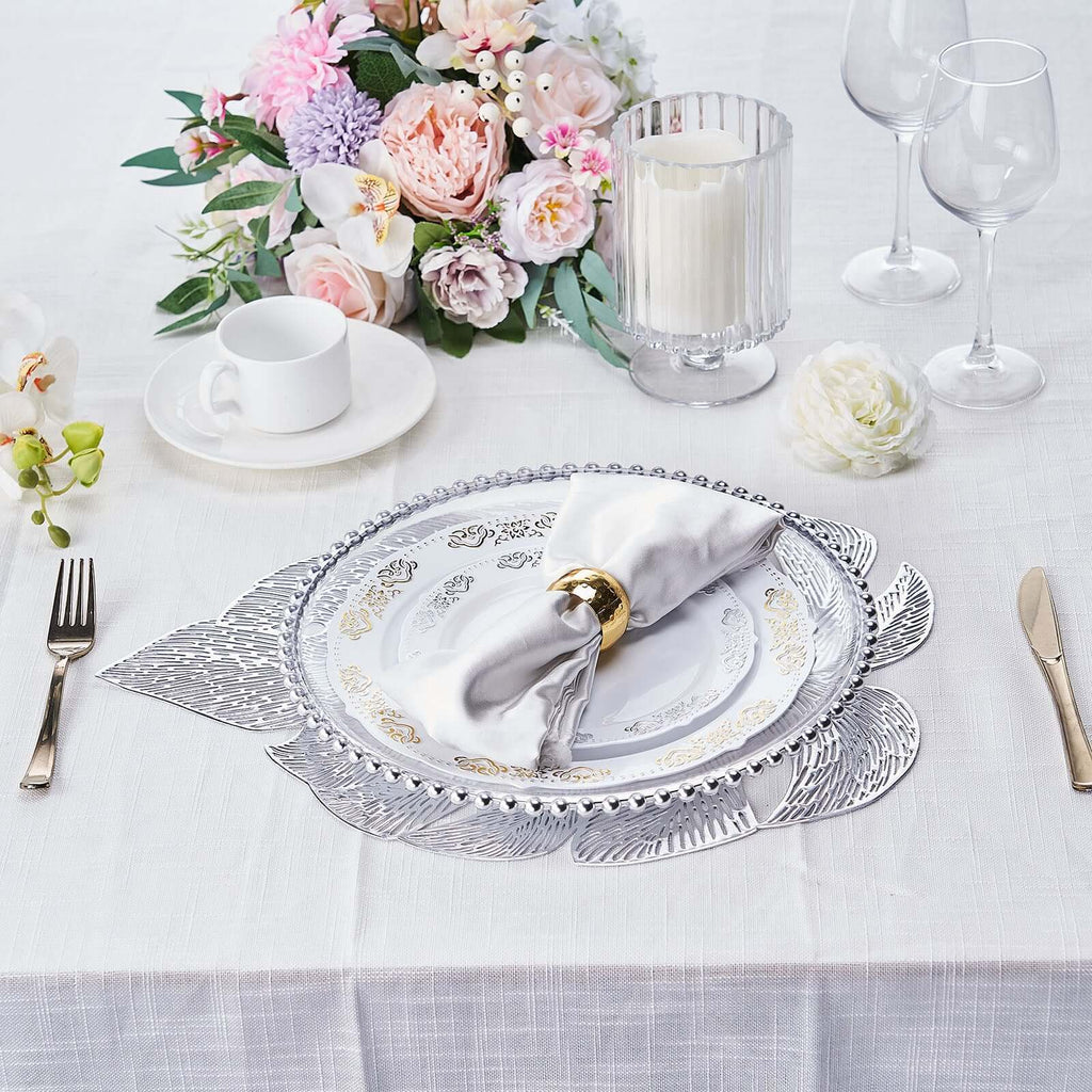 6-Pack Dining Table Mats Monstera Leaf Design Silver - Vinyl Non-Slip Surface for Tropical Themes 18"