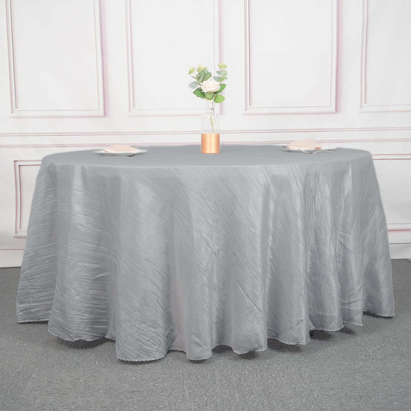 Taffeta 120" Round Tablecloth Silver - Seamless Accordion Crinkle Table Cover