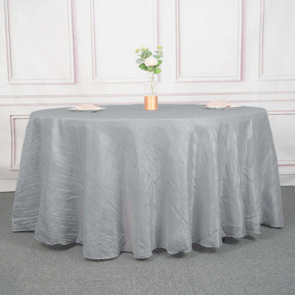 Taffeta 120" Round Tablecloth Silver - Seamless Accordion Crinkle Table Cover