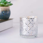 6-Pack Mercury Glass Candle Holders Shiny Silver with Geometric Design - Votive Tealight Holders 3"