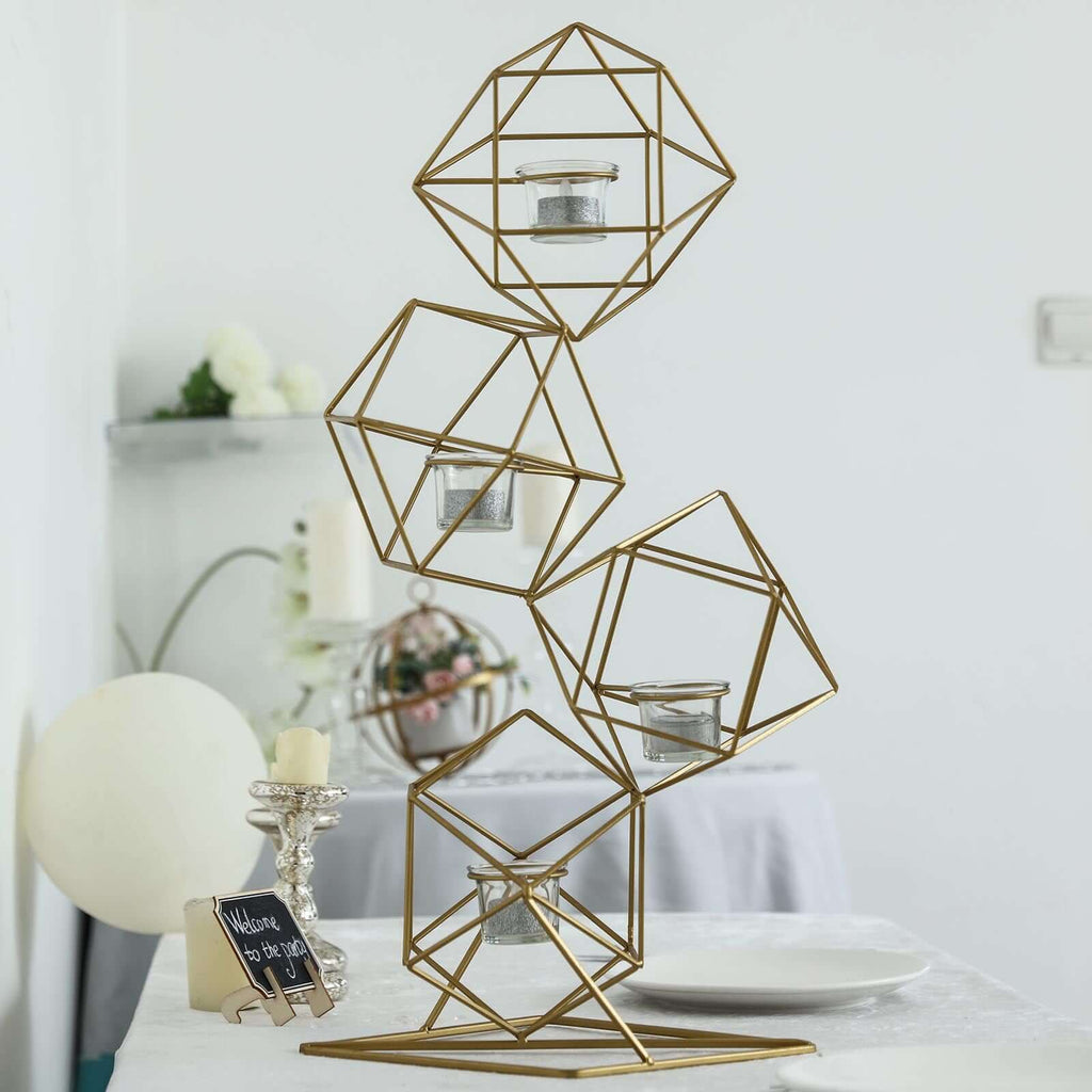 Tealight Candle Holder Metal Linked Geometric Design Gold with Votive Glass Holders - Sophisticated Decor for Tables & Gatherings 25"