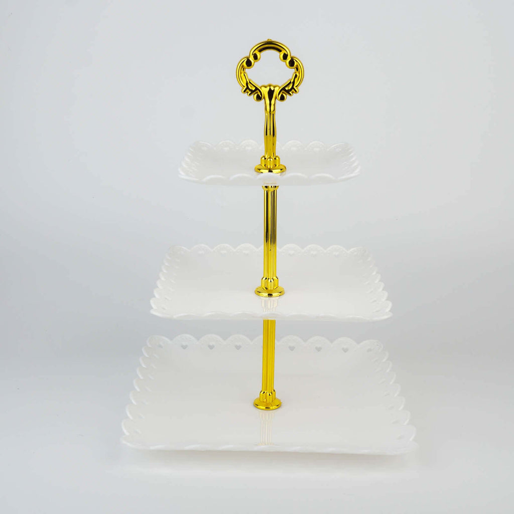 3-Tier Plastic Square Cupcake Stand Tower White - Charming Disposable Dessert Display Serving Tray Platter with Heart Wavy Edge & Gold Top Handle for Tea Parties Weddings & Special Occasions 13"