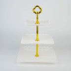 3-Tier Plastic Square Cupcake Stand Tower White - Charming Disposable Dessert Display Serving Tray Platter with Heart Wavy Edge & Gold Top Handle for Tea Parties Weddings & Special Occasions 13"