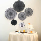 Set of 6 Black White Hanging Paper Fan Decorations, Pinwheel Wall Backdrop Party Kit - 8", 12", 16"