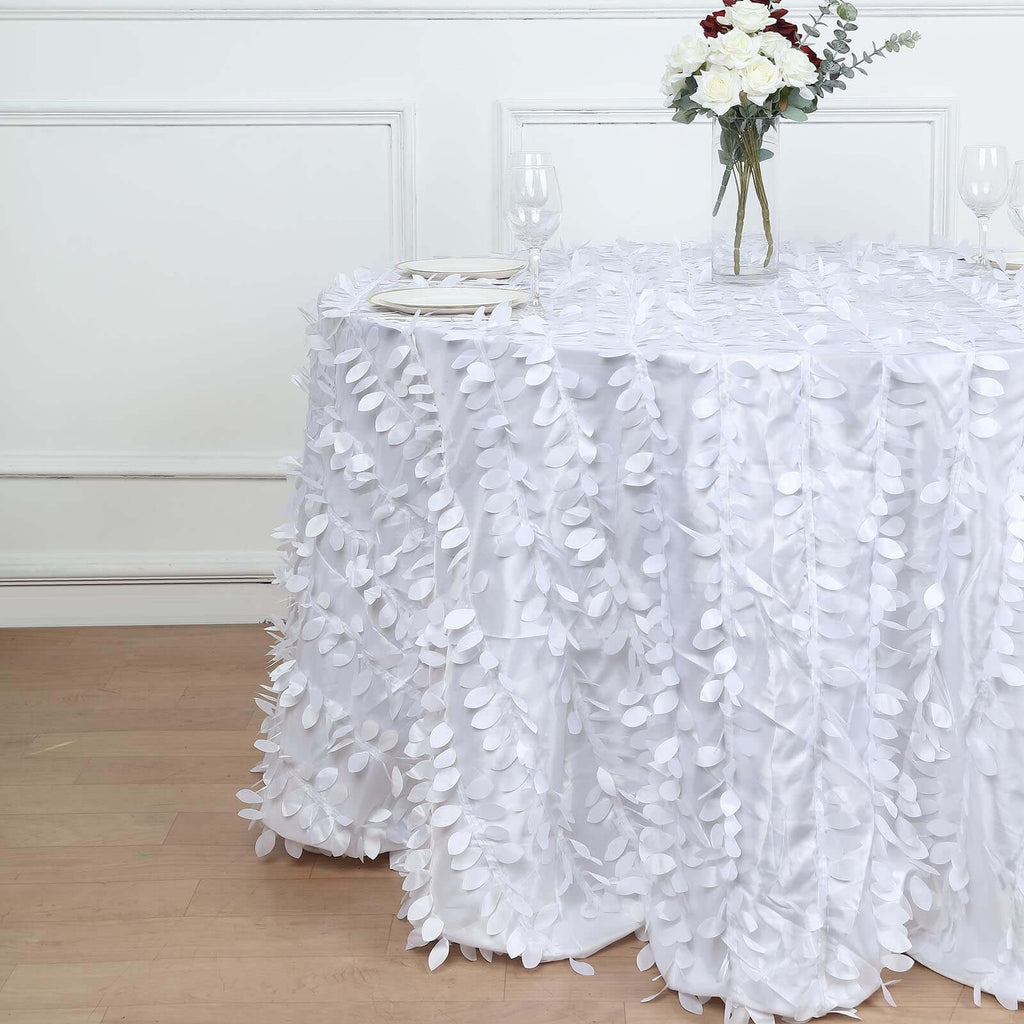 Taffeta 132" Round Tablecloth White 3D Leaf Petal Design Seamless Table Cover for Chic Wedding & Event Decor