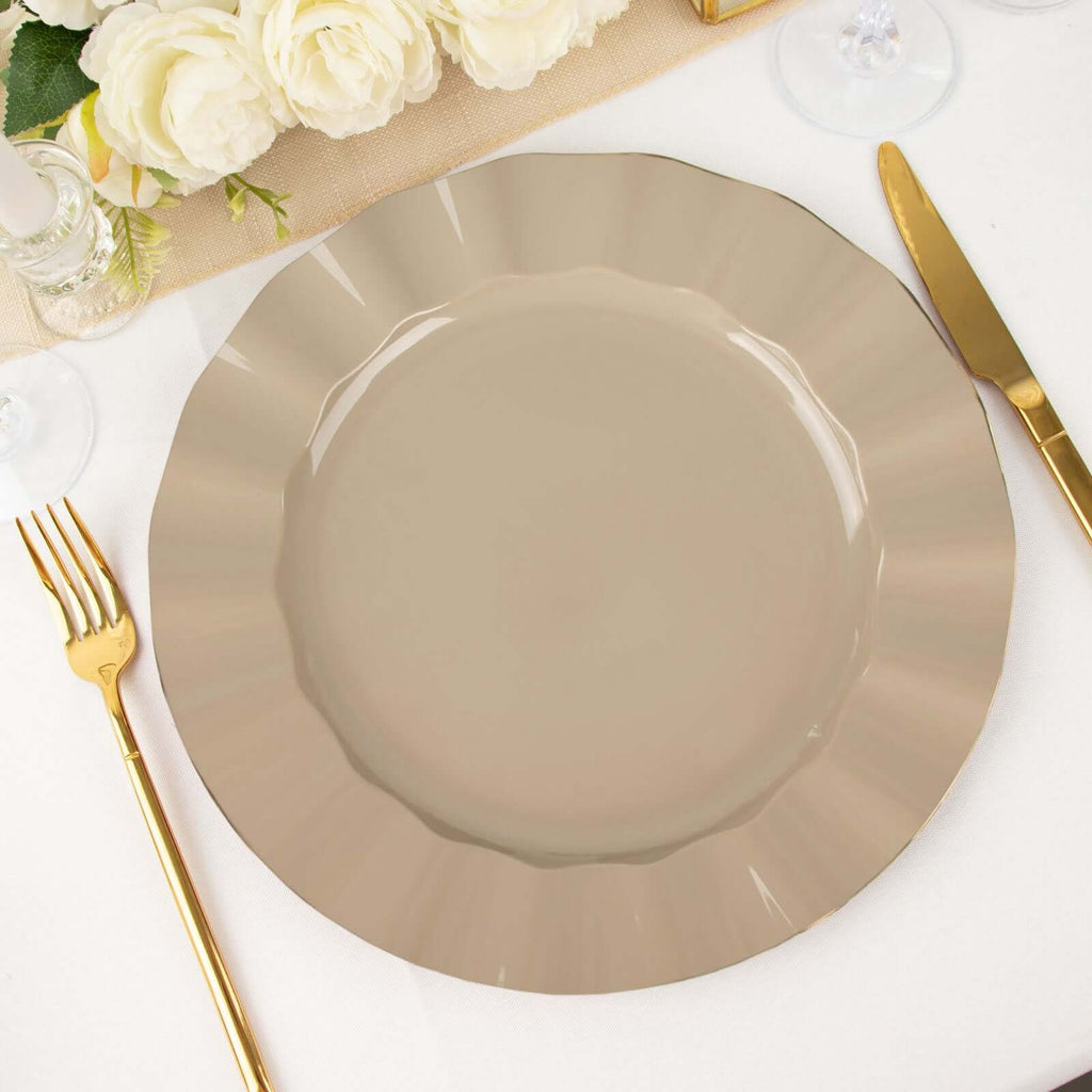 10-Pack Plastic 11" Round Dinner Plates in Taupe Ruffled Rim with Gold Edging - Sturdy Disposable Dinnerware