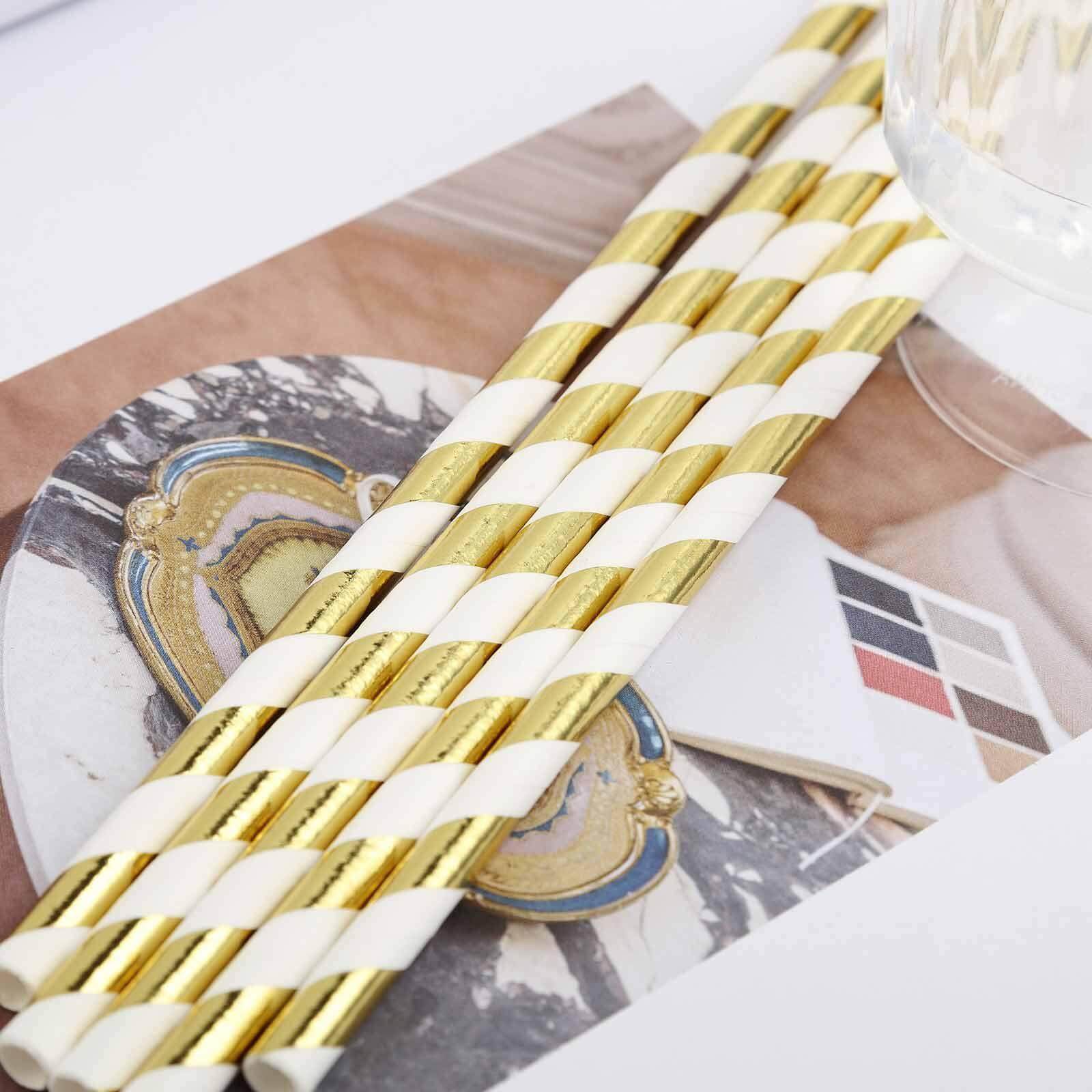 25-Pack Paper Straws White/Gold Striped - Stylish Disposable Straws for Drinks 8"
