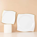 10-Pack Plastic 10" Square Dinner Plates in White with Gold Wavy Rim Modern - Disposable Party Plates for Luxe Events & Banquets