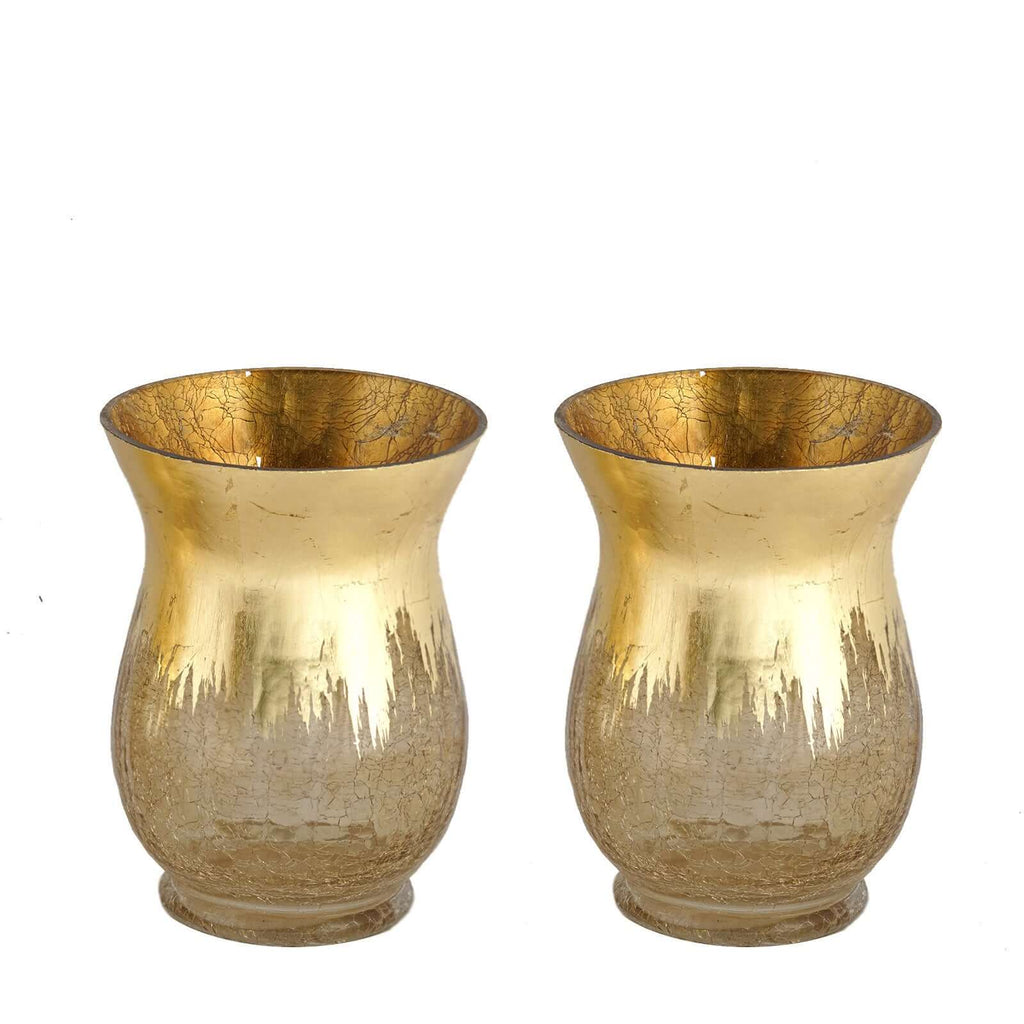 2-Pack Glass Hurricane Vases Bell Shaped Crackle Gold Curvy Design - Stylish Candle Holder Centerpieces 8"