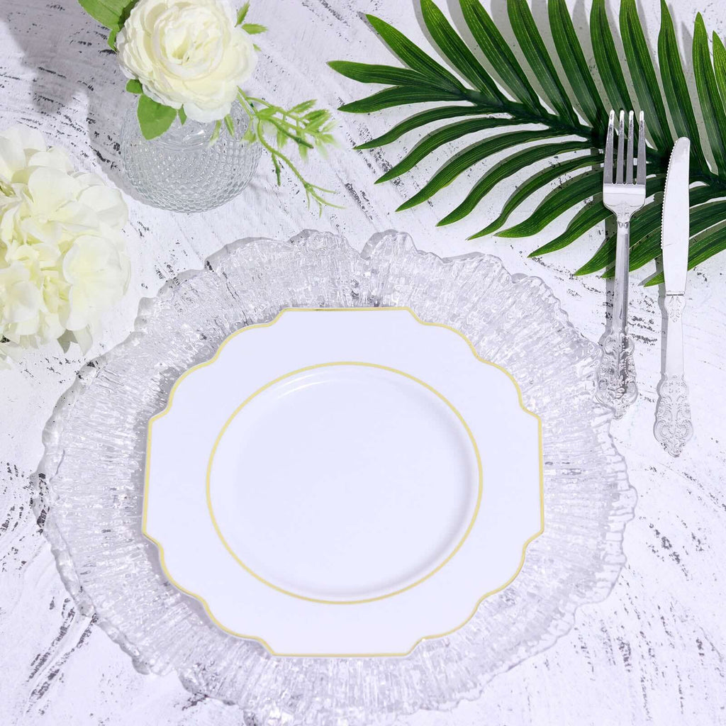 10-Pack Plastic Dessert Appetizer Plates in White Baroque Design with Scalloped Gold Rim - Heavy Duty Disposable Salad Plates for Formal Events & Banquets 8"