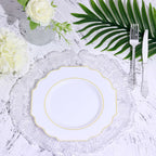 10-Pack Plastic Dessert Appetizer Plates in White Baroque Design with Scalloped Gold Rim - Heavy Duty Disposable Salad Plates for Formal Events & Banquets 8"