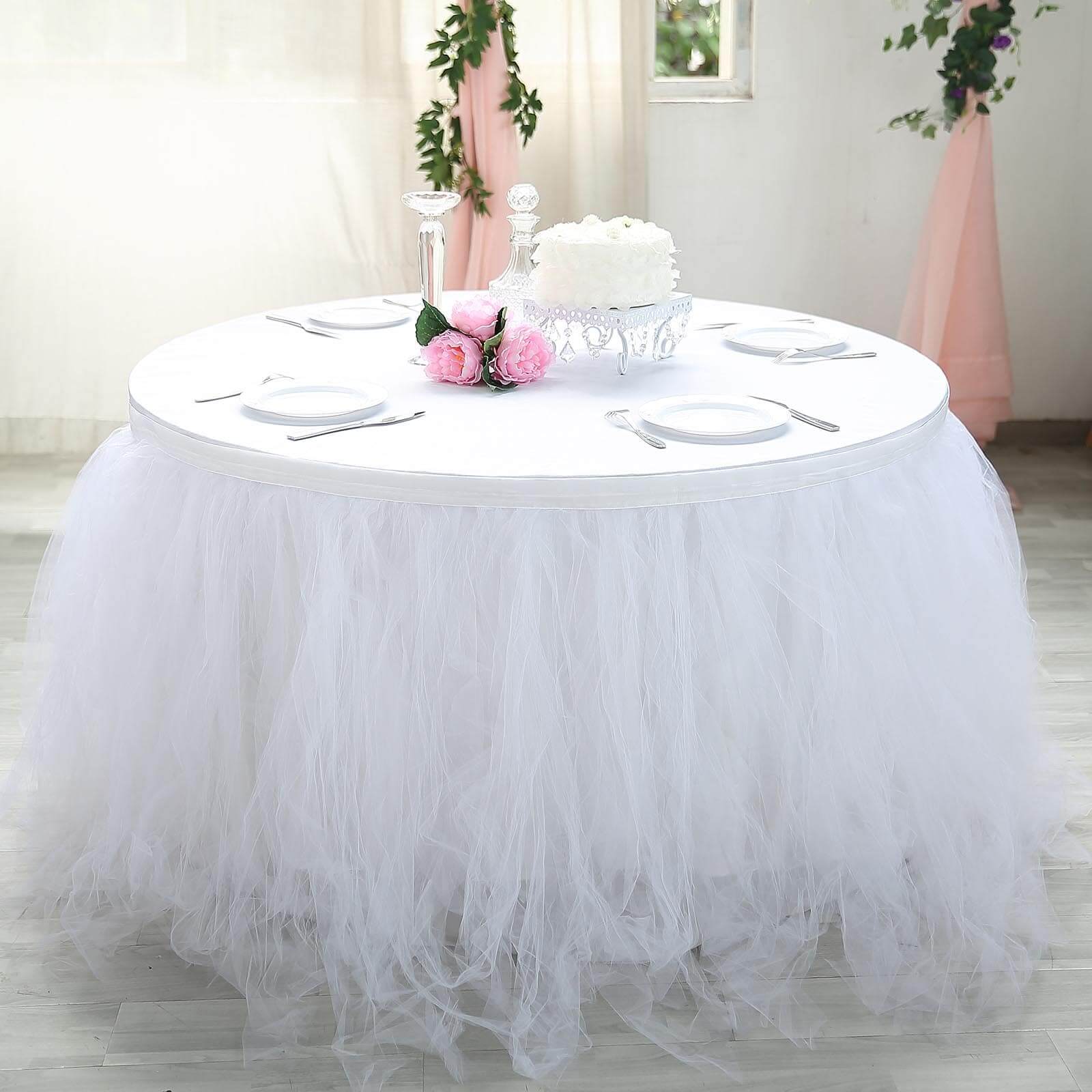 Tulle 21ft Table Skirt White - 4 Layer Pleated Tutu Chic & Soft Event Table Cover